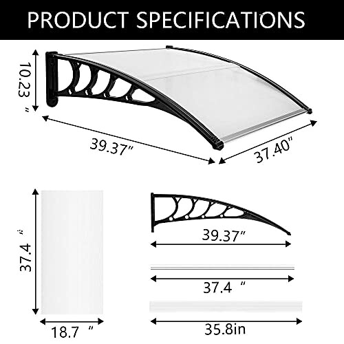 Awning product specifications with dimensions and design details.