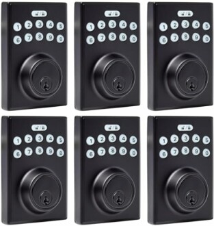 Set of six digital deadbolt locks with keypads.