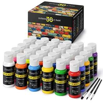 Set of 30 outdoor acrylic paint bottles with brushes and colorful box.