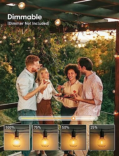 Group of friends enjoying an outdoor gathering under string lights.