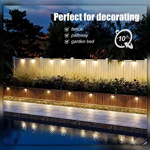 Outdoor LED lights illuminating a fence and pathway by a pool.