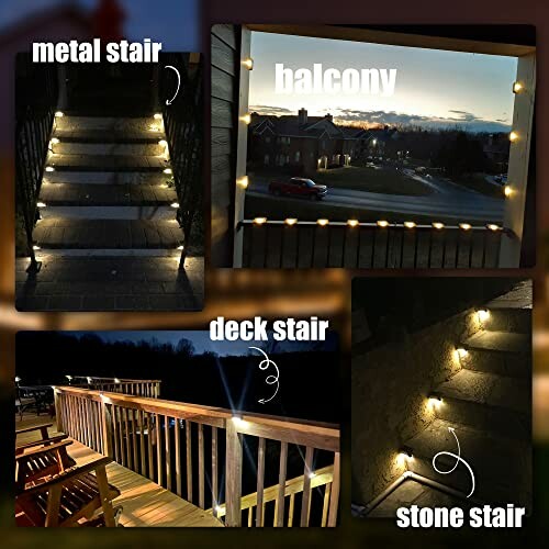 Various outdoor lighting setups on stairs and balcony at dusk.