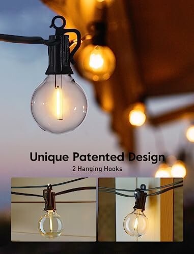 Decorative light bulbs hanging with unique patented design and two hooks.