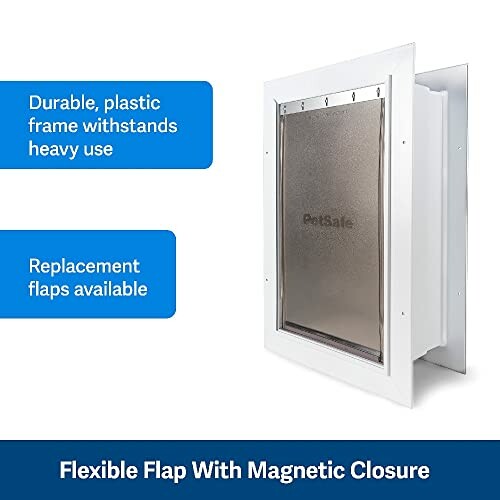 Pet door with durable plastic frame and replacement flaps.