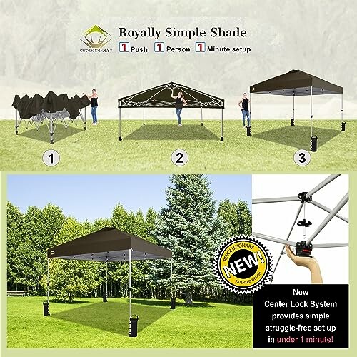 Diagram showing a simple 1-person, 1-minute setup for a pop-up canopy with center lock system.