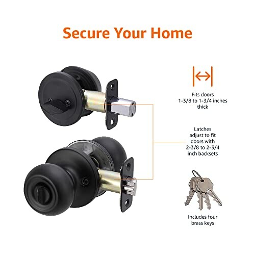 Black door knob set with latch and keys for home security, fits doors 1-3/8 to 1-3/4 inches thick.