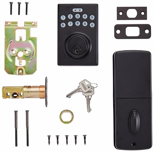 Smart lock installation kit with keypad, keys, screws, and latch.