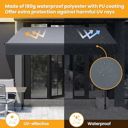 Awning demonstrating waterproof polyester with UV protection.